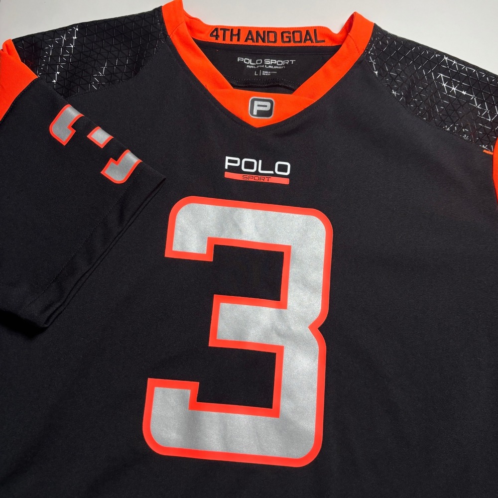 Polo Ralph Lauren Sport Football Jersey Mens L 4th and Goal Black Orange Preppy